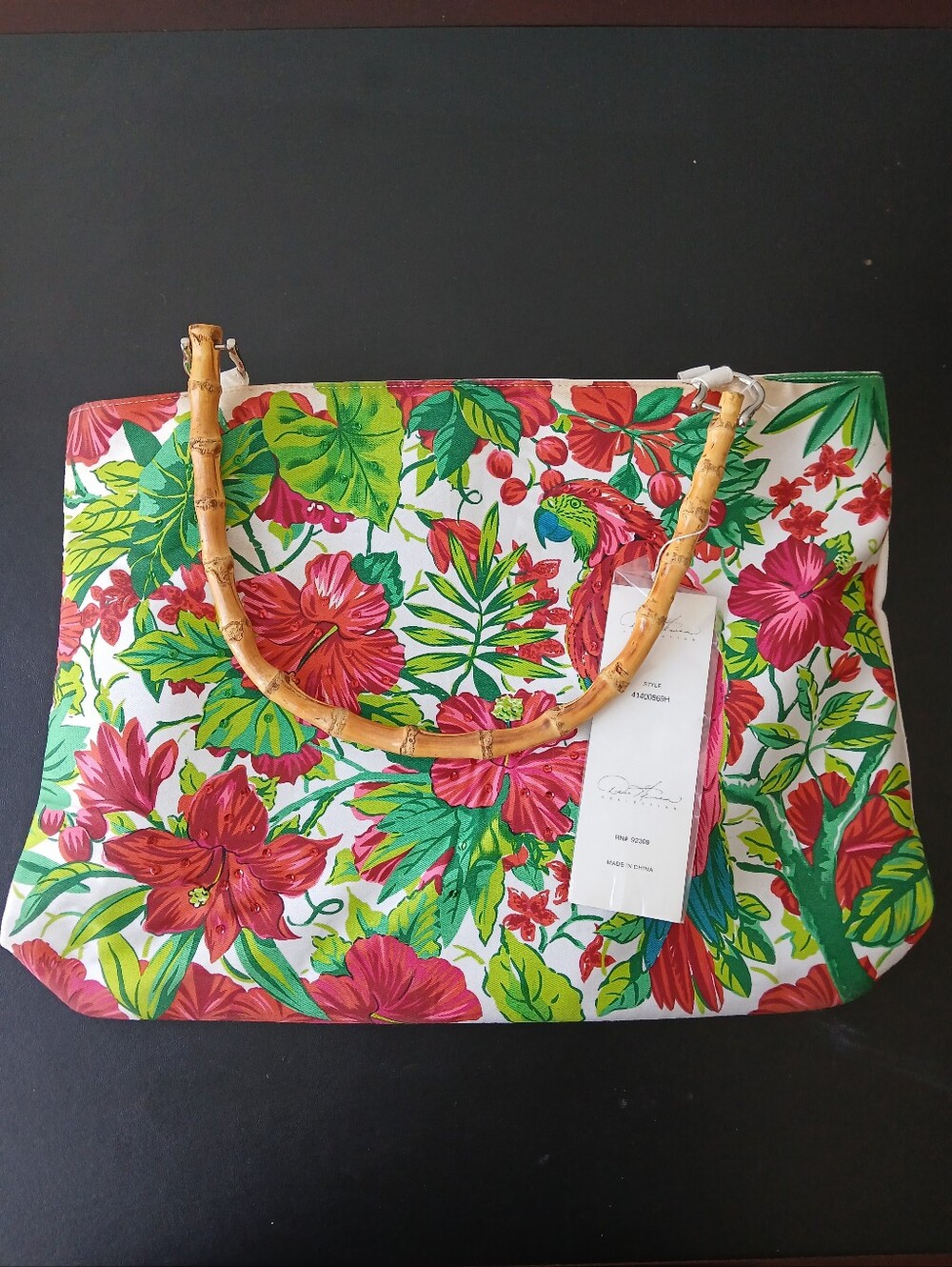 NWT Diane Gilman BOTANICAL Lined Tote with Bamboo Handles